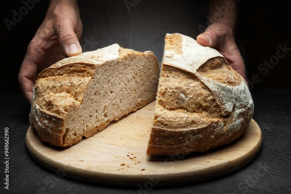 Fototapeta Hands with loaf of bread cut in half with cutting board on dark worktop, close up.