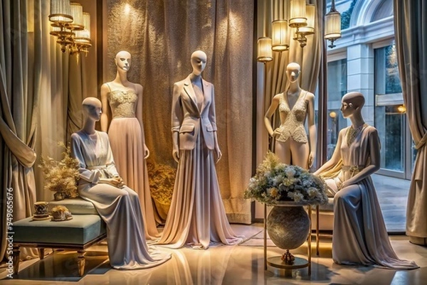 Fototapeta Luxurious mannequins surrounded by sumptuous fabrics and metallic accents in a modern boutique window display at dawn with soft pastel hues and subtle shadows.