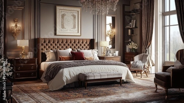 Fototapeta Elegant bedroom interior with luxurious furnishings, soft bedding, and tasteful decor, creating a comfortable and relaxing environment
