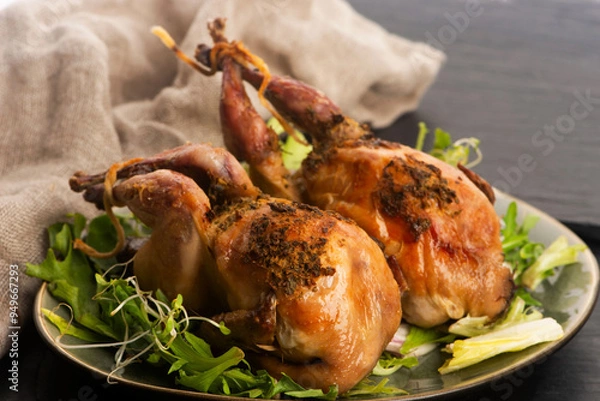 Obraz Baked tasty quails on ceramics plate with salad