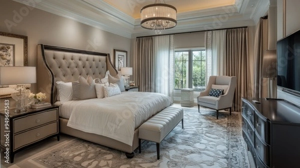 Fototapeta Luxurious bedroom with comfortable furnishings, elegant decor, and a serene setting, designed for relaxation and beauty