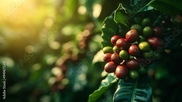 Obraz Permaculture coffee plantation Coffee beans on the tree Natural green beans Close up of natural coffee beans Raw coffee beans : Generative AI