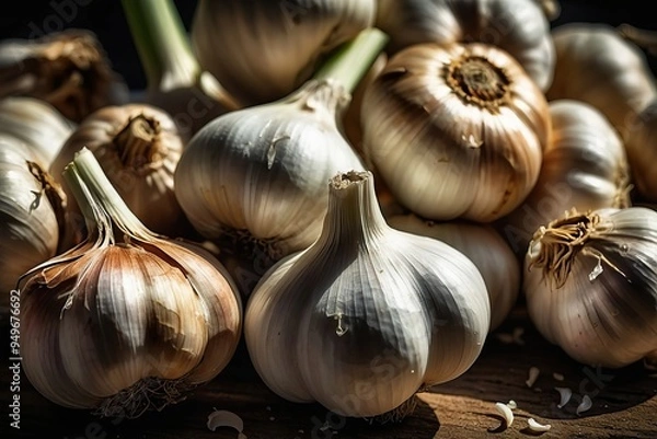 Fototapeta A highly details of garlic, hight contrast in the afternoon