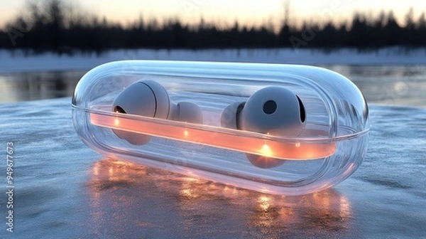 Fototapeta Wireless Earbuds in a Transparent Case on Ice