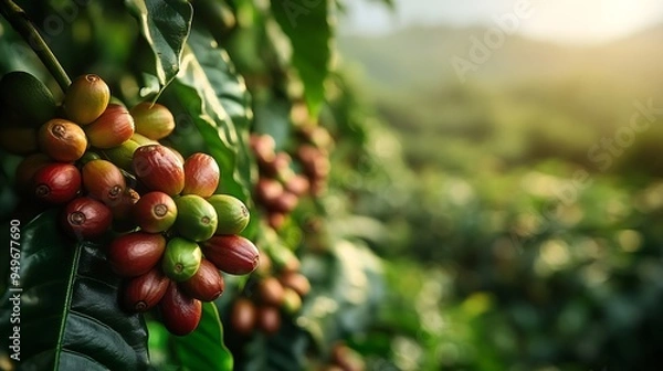 Fototapeta Photo of coffee beans taken in the mountains of the Dominican Republic on a coffee farm A photo of dry coffee is perfect for texture or for an example of coffee production technology : Generative AI