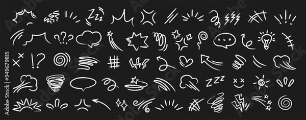 Obraz Set of white hand drawn anime manga doodle grunge line elements curved charcoal, chalk arrows, speech bubble, abstract shapes, graphic effects for character emotion. Scribble stroke symbols vector 