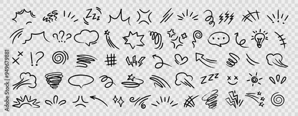 Obraz Set of black hand drawn anime manga doodle grunge line elements curved charcoal, chalk arrows, speech bubble, abstract shapes, graphic effects for character emotion. Scribble stroke symbols vector 