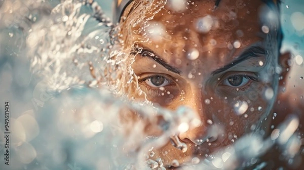 Fototapeta "Professional Swimmer in Mid-Butterfly Stroke with Water Splashing and Intense Focus"