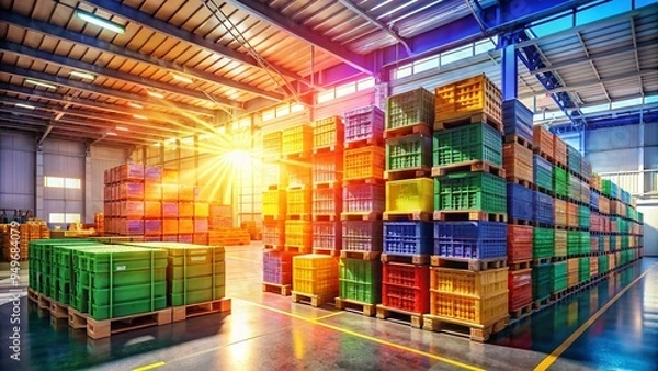 Fototapeta SunriseFoodHaul bright morning scene of a busy food distributor's warehouse with stacks of colorful crates, early light rays, fast-paced atmosphere, bold colors, industrial concept.