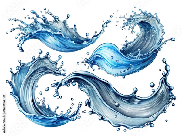 Fototapeta Three separate water splashes and waves swirl and curve in an artistic formation against a white background