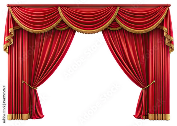 Fototapeta A pair of red velvet stage curtains with gold trim are drawn back to reveal a white background