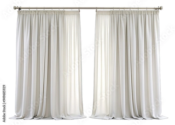 Fototapeta Two sets of white curtains are hung on a silver rod against a white backdrop