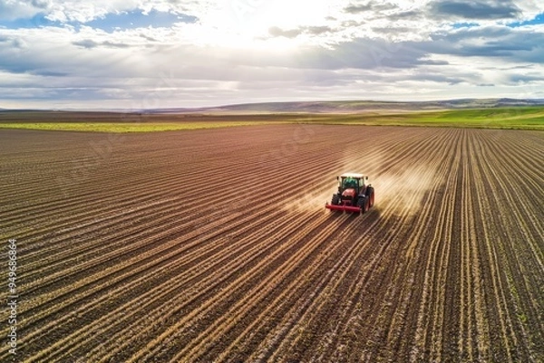 Fototapeta Tractor equipped with precision farming technology planting seeds. Large field with clear row patterns, Generative AI
