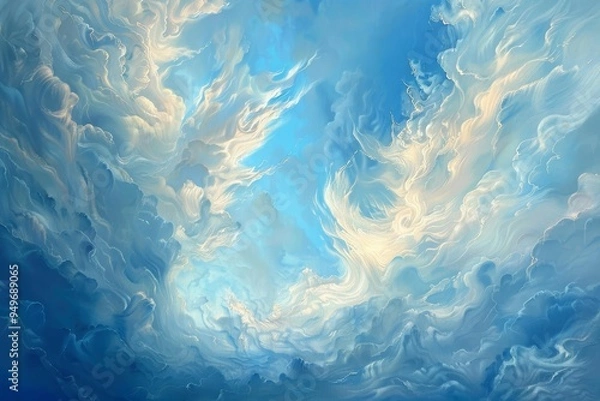 Fototapeta A painting depicting a clear blue sky with fluffy white clouds, The delicate beauty of cirrus clouds streaking across a canvas of blue