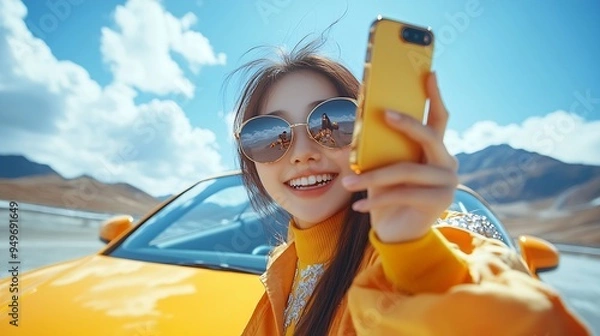 Fototapeta Beautiful Asian Chinese girl in sunglasses next to fancy yellow sport car makes selfie with phone in shiny jewels case in mountains Bright day clear sky fluffy clouds Luxury travel aro : Generative AI