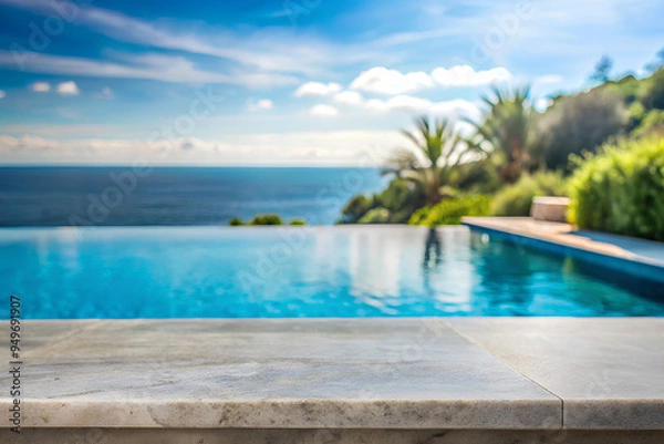 Fototapeta Empty top table blur and defocused swimming pool and sea background