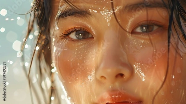 Fototapeta A close-up of an Asian model using a facial mist, tiny droplets visible on her radiant skin, soft natural light, clean and simple background, hd quality, focusing on hydration and refreshment.