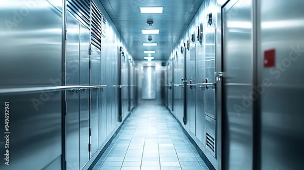 Fototapeta Corridor of a restaurant kitchen with all its metal cabinets on the sides : Generative AI