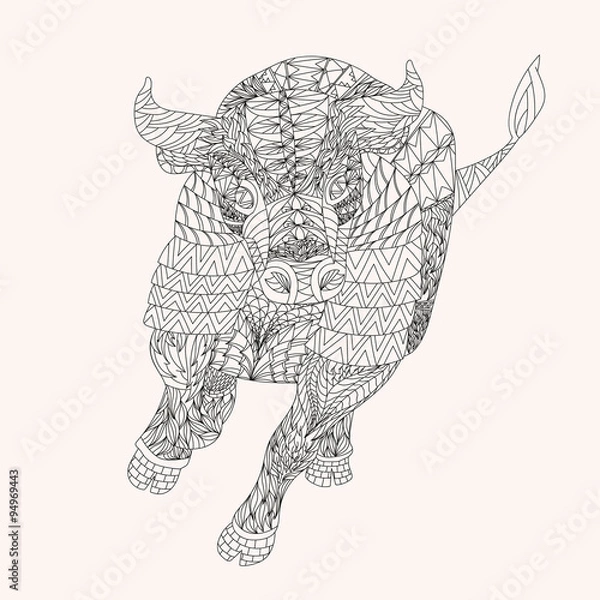 Fototapeta Patterned bull zentangle style. Good for T-shirt, bag or whatever print. EPS 10 vector illustration
