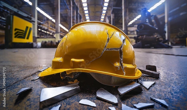 Obraz A broken protective hard hat split into two pieces lying on the industrial floor
