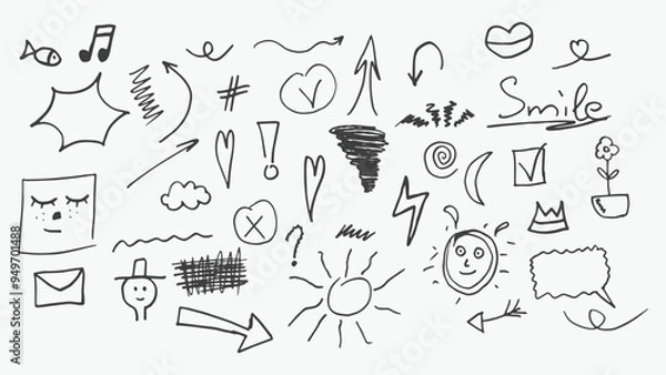 Fototapeta Doodle vector set with hand drawn hatching black elements. Hand drawn doodle set in outline style with arrows.