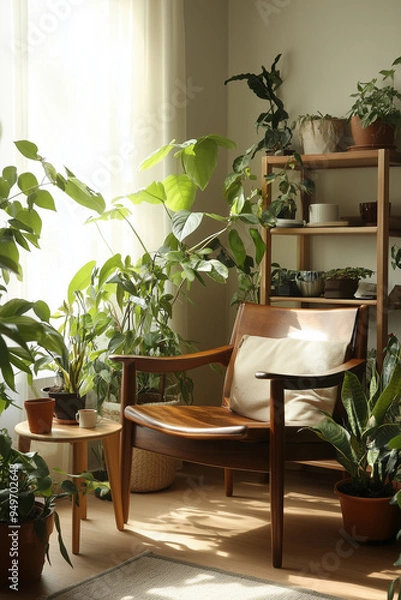 Obraz a home corner with a lot of potted plants, minimal style, and modern Japandi on a clean wall background, featuring a chair and table for a chill coffee experience in a relaxing