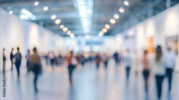 Fototapeta Background of an expo or convention with blurred individuals in an exposition hall. Concept image for a international exhibition, conference center, corporate marketing, or event fair