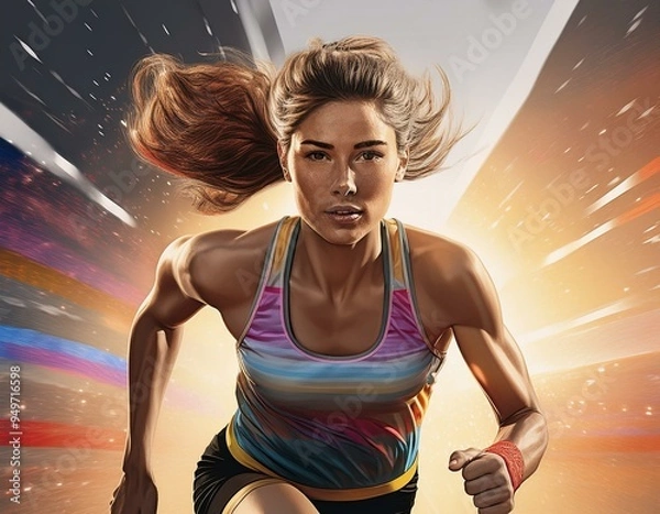 Obraz A vibrant and dynamic illustration of an Olympic runner in mid-stride, capturing the energy and spirit of athletic competition with artistic flair - Generative AI