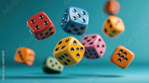 Fototapeta Colorful dice in various colors including red, blue, yellow, green, and pink are floating against a teal background.