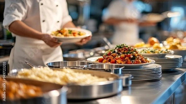 Fototapeta Buffet at hotel restaurant interior blur background with blurry open kitchen counter bar of food catering service business with chef staff cooking for breakfast lunch or dinner meal : Generative AI