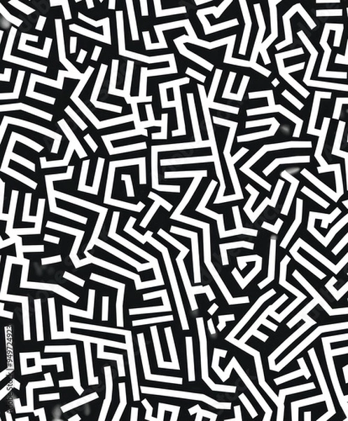 Obraz A complex pattern of white lines on a black background, creating a maze-like design.