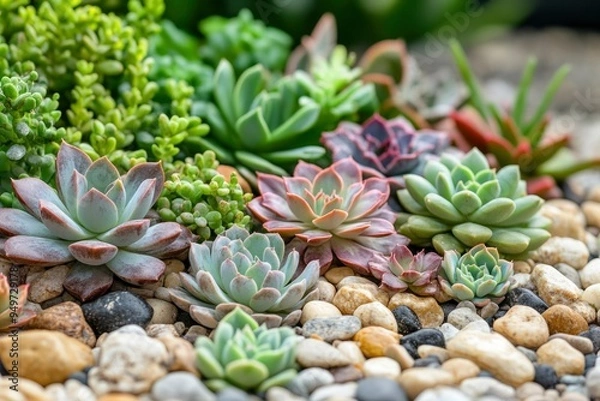 Fototapeta Succulents and Pebbles in a Garden Arrangement