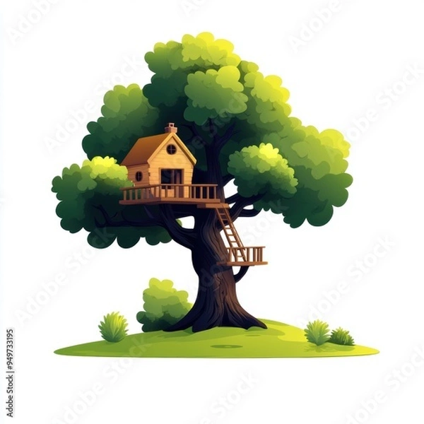 Fototapeta A charming tree house nestled in a lush green tree, inviting adventure and imagination in a serene outdoor setting.