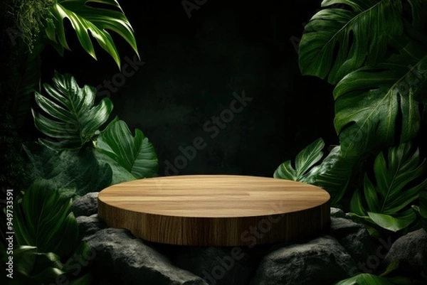 Fototapeta A rustic wooden platform surrounded by lush tropical leaves, creating a serene and inviting natural ambiance.