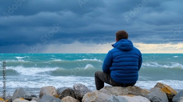 Obraz Isolated person sitting on a rocky shore