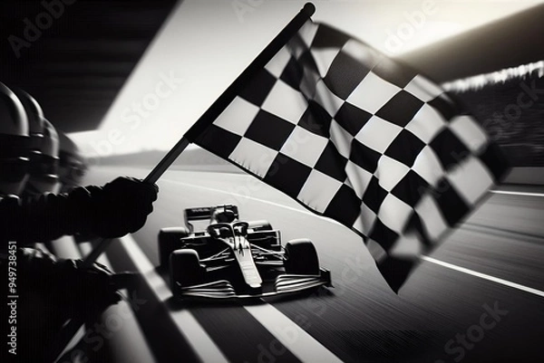 Obraz F1 Race Finale: Close-Up of Finish Line Flag Waving with Motion Blur Amid Fan Applause