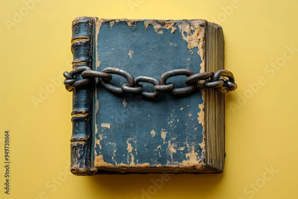 Obraz A book with chains and a padlock around it, isolated on a pastel yellow background,