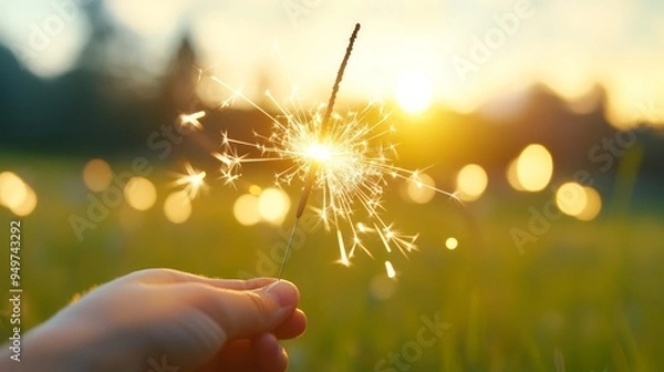 Fototapeta A hand holds a sparkler, creating a dazzling display of light against a sunlit backdrop of vibrant green grass.