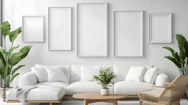 Fototapeta Empty picture frames on a white wall in modern living room with a modern sofa. Home staging concept mock up