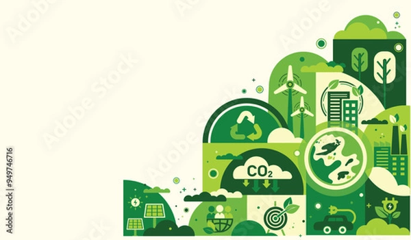 Fototapeta World environment and sustainable development concept with ecology icons template vector flat design, eco friendly and green technology. ESG for business and organization. Net zero and carbon neutral