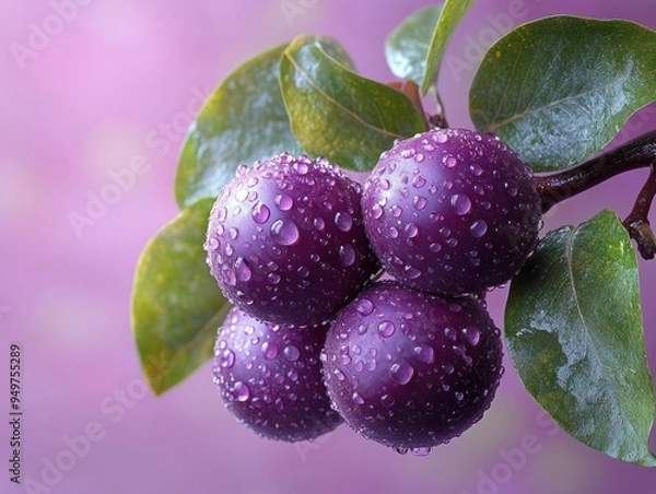 Fototapeta Enchanting 3D Rendering of Bright Jabuticaba with Water Droplets on Branch against Soft Pastel Green Background
