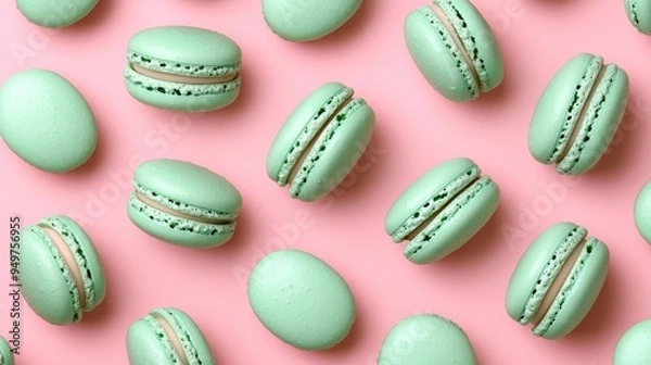 Fototapeta Mint macaroons in a row on pink background,french macaroons,Paris Pastry macaron green tea,Pastry shop card with copy space,french macaroons,bakery and branding concept,copy space.