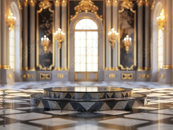 Fototapeta Elegant Velvet Podium, front view focus, with a Royal Palace Ballroom Background
