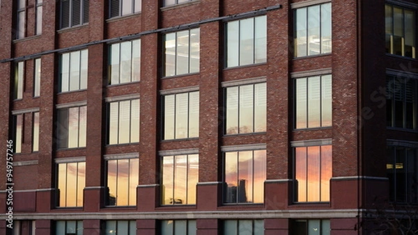 Fototapeta The city building view with the sunset sky reflected on the windows
