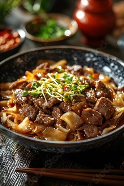 Fototapeta Beef Chow Fun - A Cantonese stir-fry dish made with wide rice noodles, tender beef, and bean sprouts in a savory soy sauce.