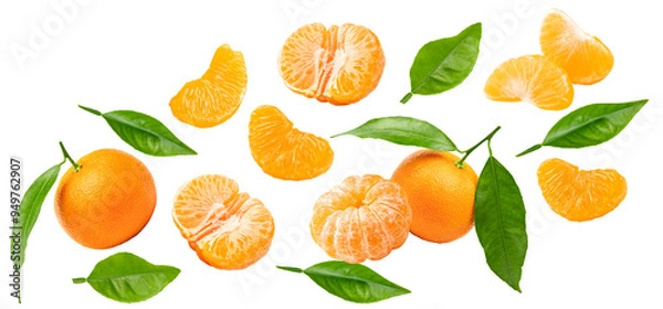 Fototapeta flying mandarins with green leaves and slices isolated on white background. clipping path