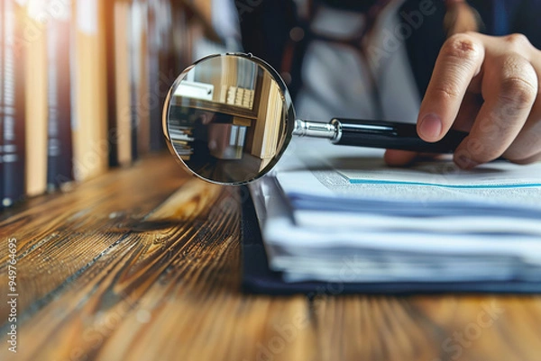 Fototapeta Auditor inspecting company records, pointing at discrepancies, reports and files neatly organized