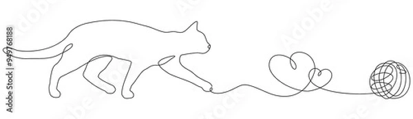 Fototapeta Continuous one line drawing of cat and yarn ball. Simple silhouette of cat, yarn ball and hearts. Cat Day