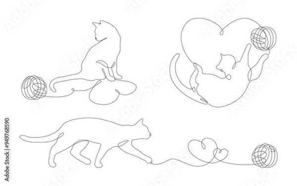 Fototapeta A set of continuous one line drawings of cats and yarn balls. Simple silhouettes of cats, yarn balls and hearts. Editable stroke, linear vector illustration. 