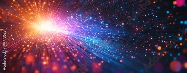 Fototapeta Abstract digital grid background with glowing light rays and stars.